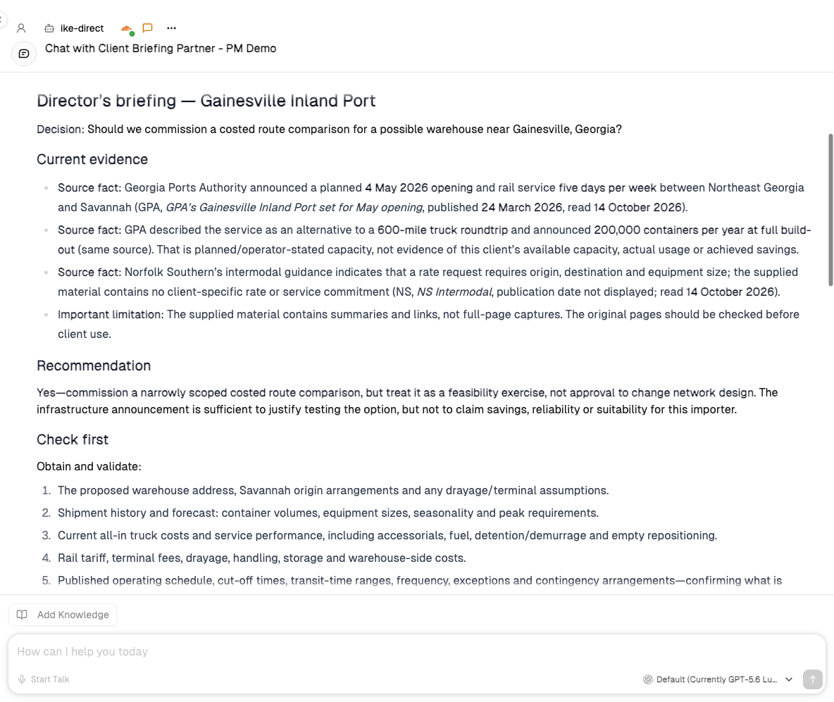 Actual IKE client briefing, with source facts, a recommendation and checks before acting.