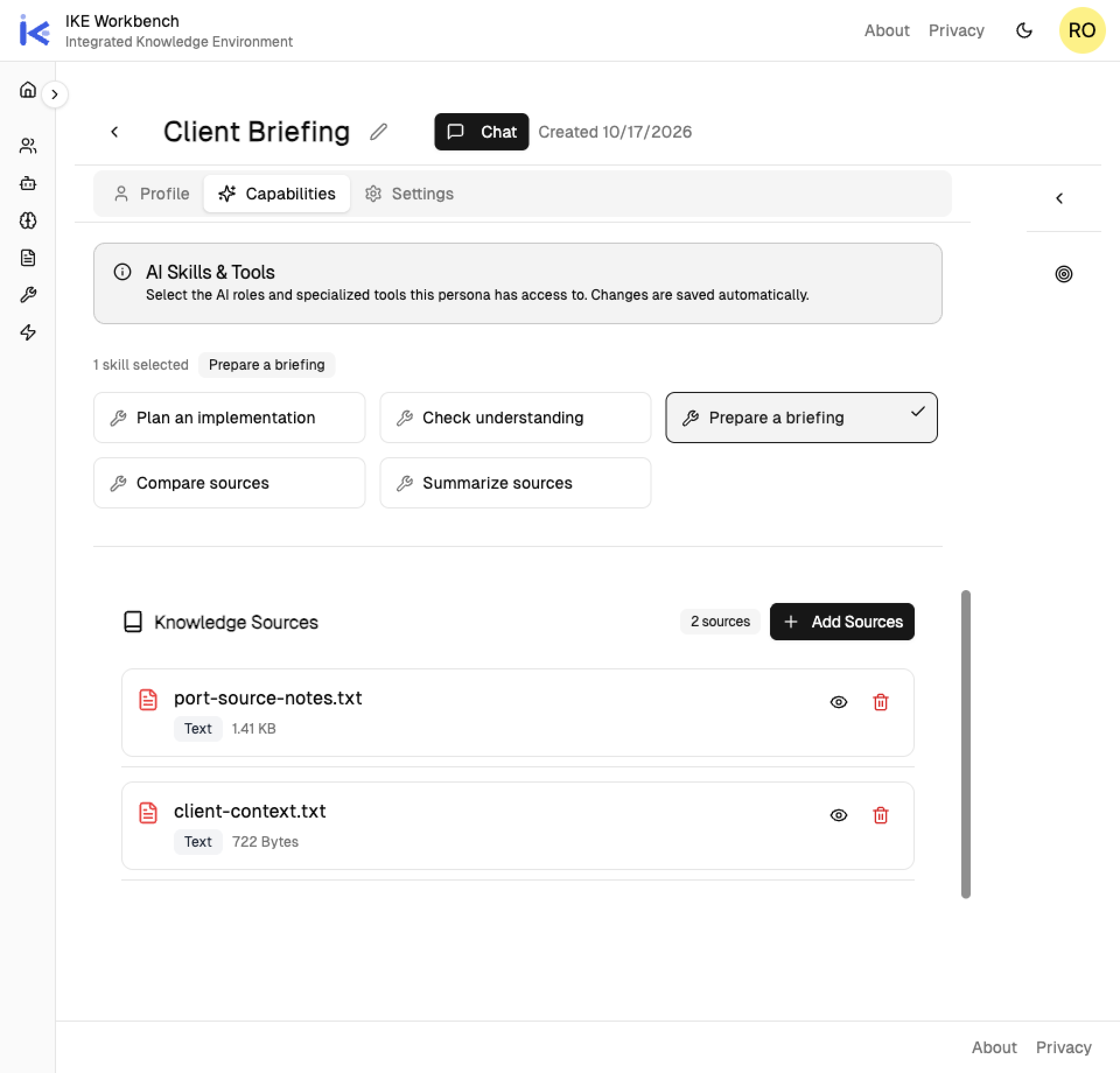 Client Briefing Persona with Prepare a briefing selected and two linked sources: port-source-notes.txt and client-context.txt.