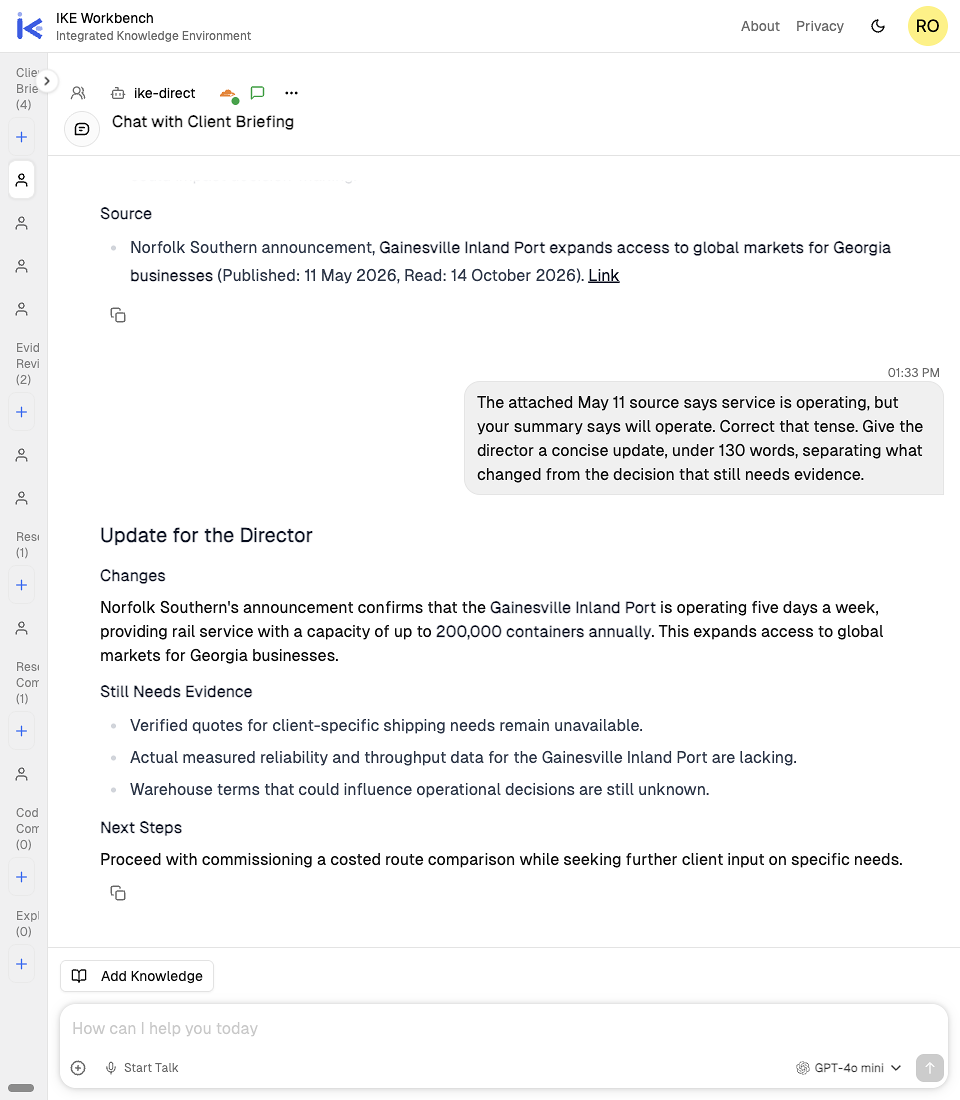 Human tense correction followed by the actual Client Briefing update, retaining missing quotes, reliability data and warehouse terms.