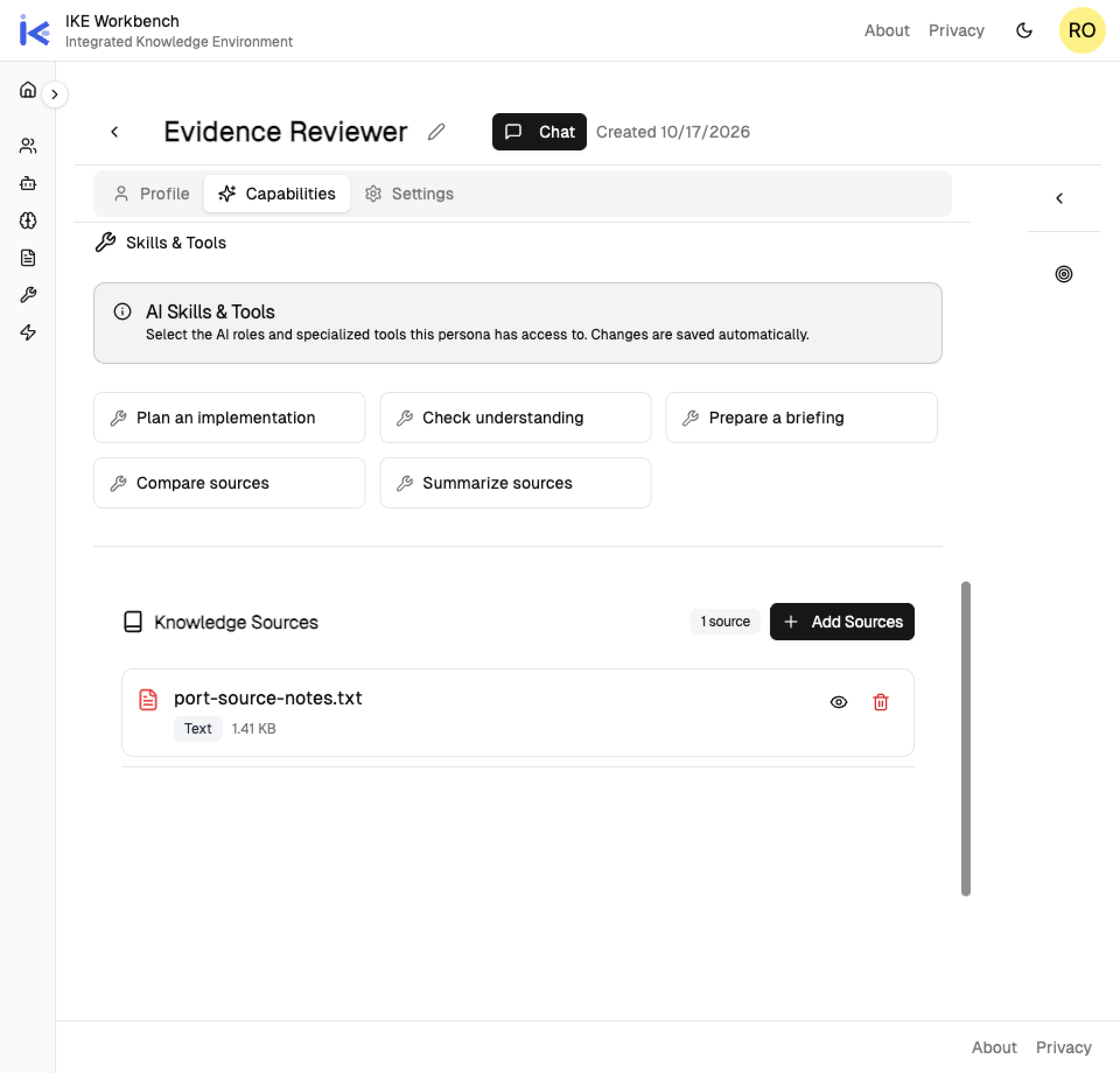 Evidence Reviewer has one linked source, port-source-notes.txt; client-context.txt is absent from its selection.